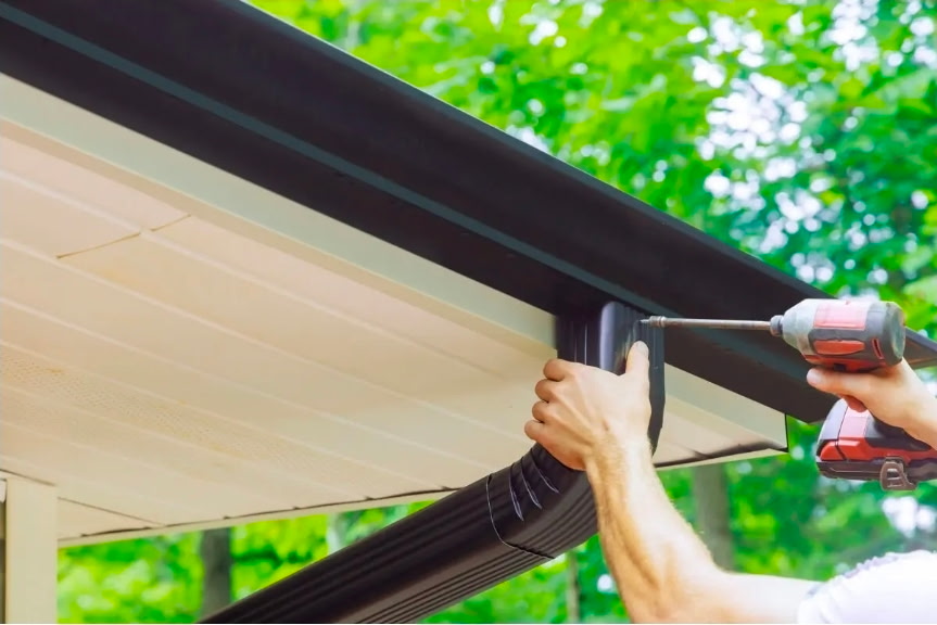 Gutter and downspout being installed beneath a roof edge